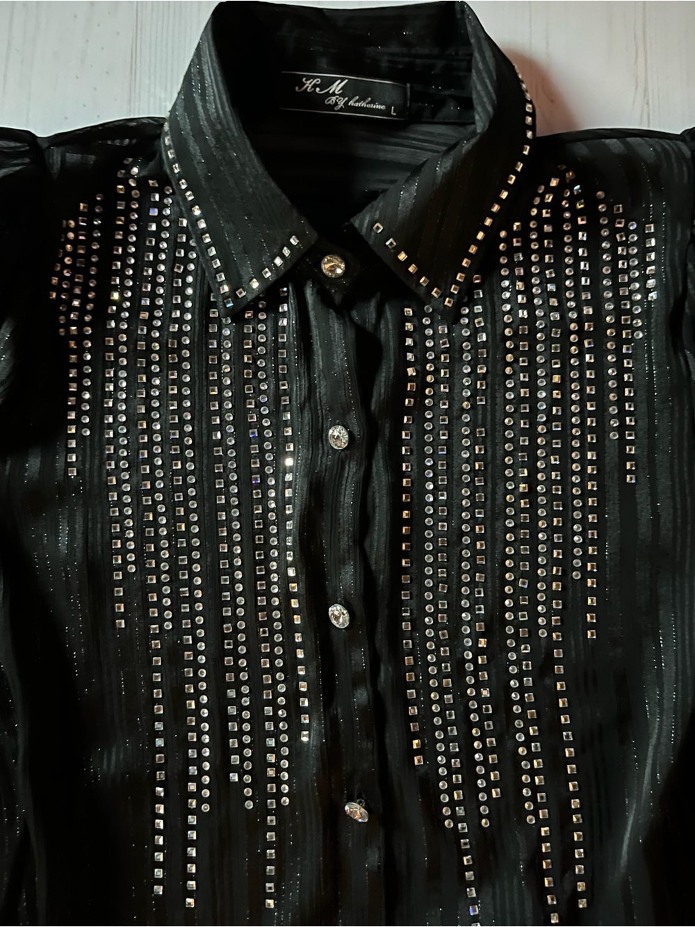Sheer Black Beaded Button-Down Top